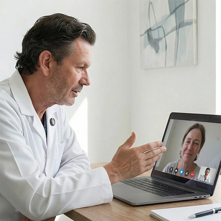 Male doctor in a white coat speaks with a woman on a video call through a laptop route screen.