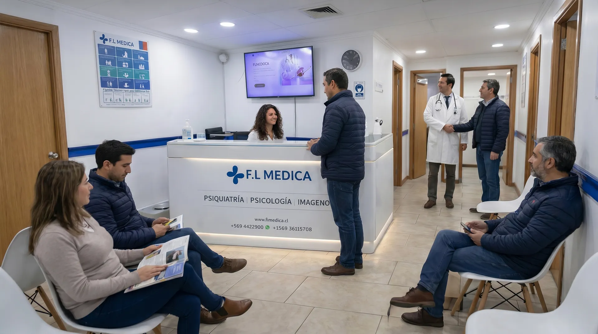 Clinic reception with a receptionist at a white desk labeled F.L MEDICA; patients seated and waiting nearby, welcoming atmosphere.