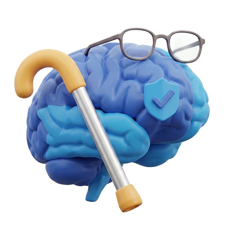 Blue brain wearing glasses with a walking cane and a shield checkmark, symbolizing protected brain health and smart thinking.