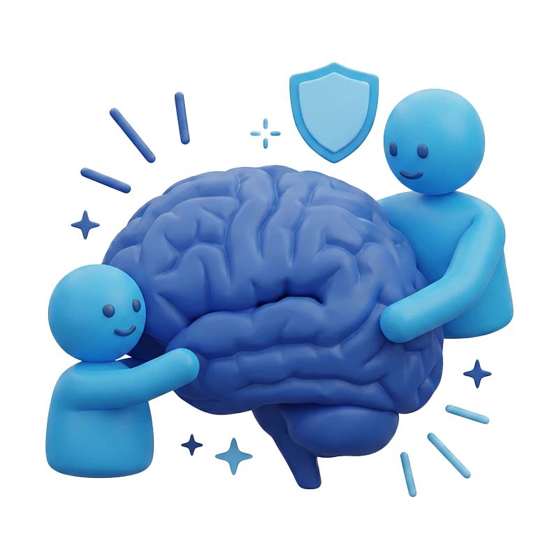 Two blue cartoon figures embrace a large brain with a shield, symbolizing brain health and protection.