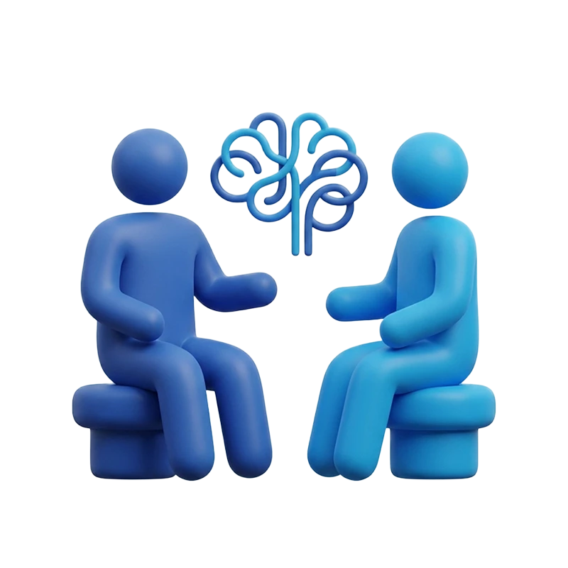 terapia_de_pareja | FLMEDICA | Psiquiatras y psicólogos en Providencia y Online | FLMEDICA | Psiquiatras y psicólogos en Providencia y Online Two blue abstract figures seated facing each other, with a brain illustration between them, symbolizing mental health discussion.